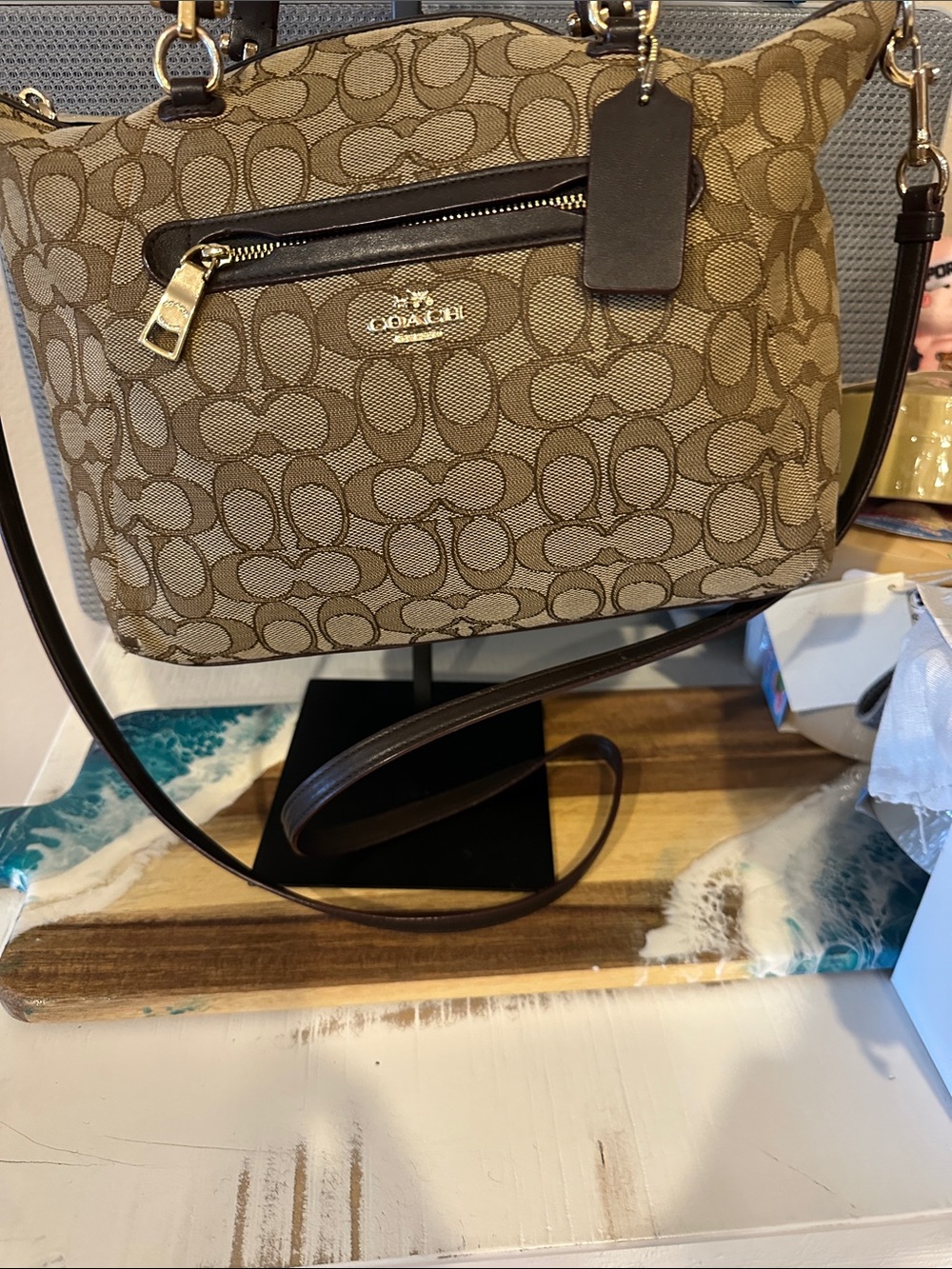 Coach Signature Canvas Crossbody in Khaki and Brown - Picture 1 of 4